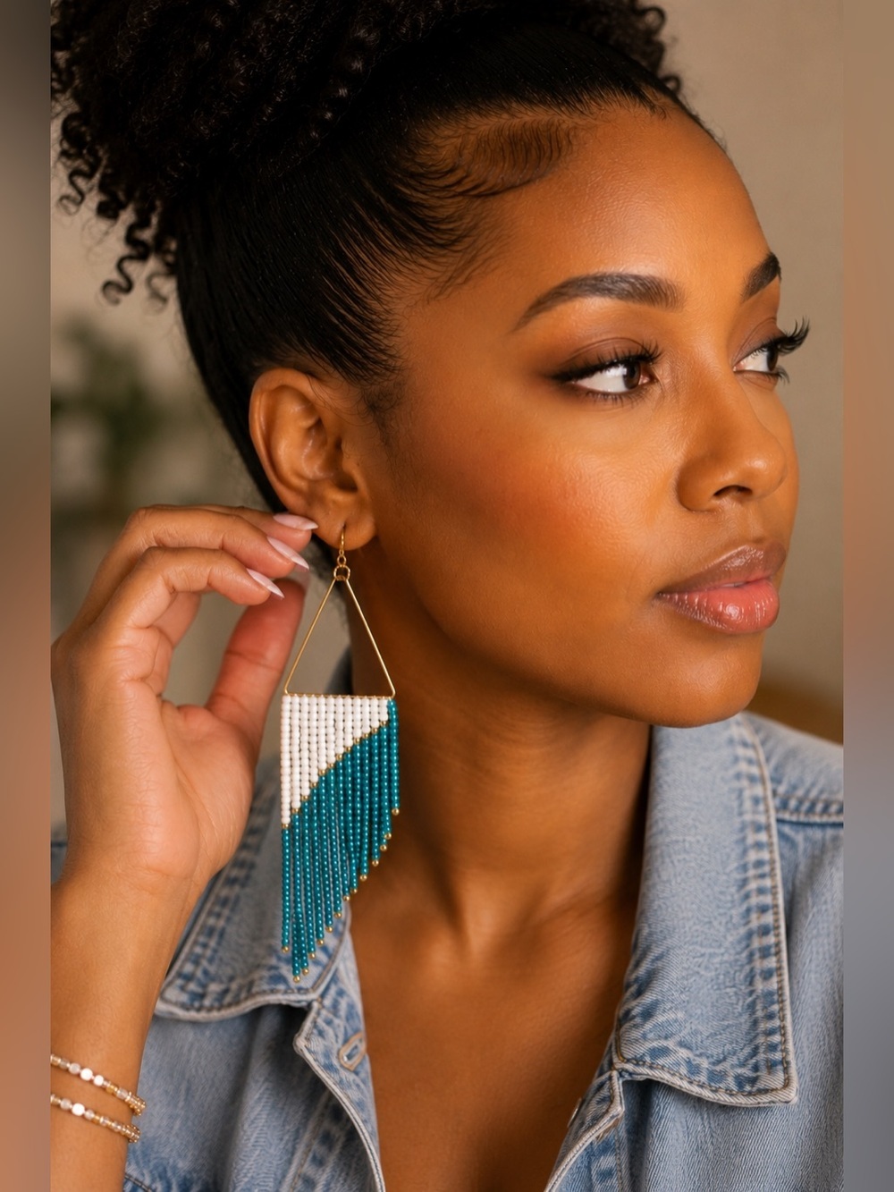 White & Blue Triangle Beaded Fringe Earrings | Geometric Style
